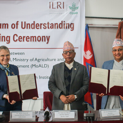 Dr Bedu Ram Bhusal, Hon. Minister of MoALD on behalf of GoN; Dr Rewati Raman Poudel, Secretary of Livestock at MoALD and Shirley Tarawali, assistant director general at ILRI, at the MoU signing in Kathmandu, Nepal on 31 January 2024 (photo credit: MoALD).